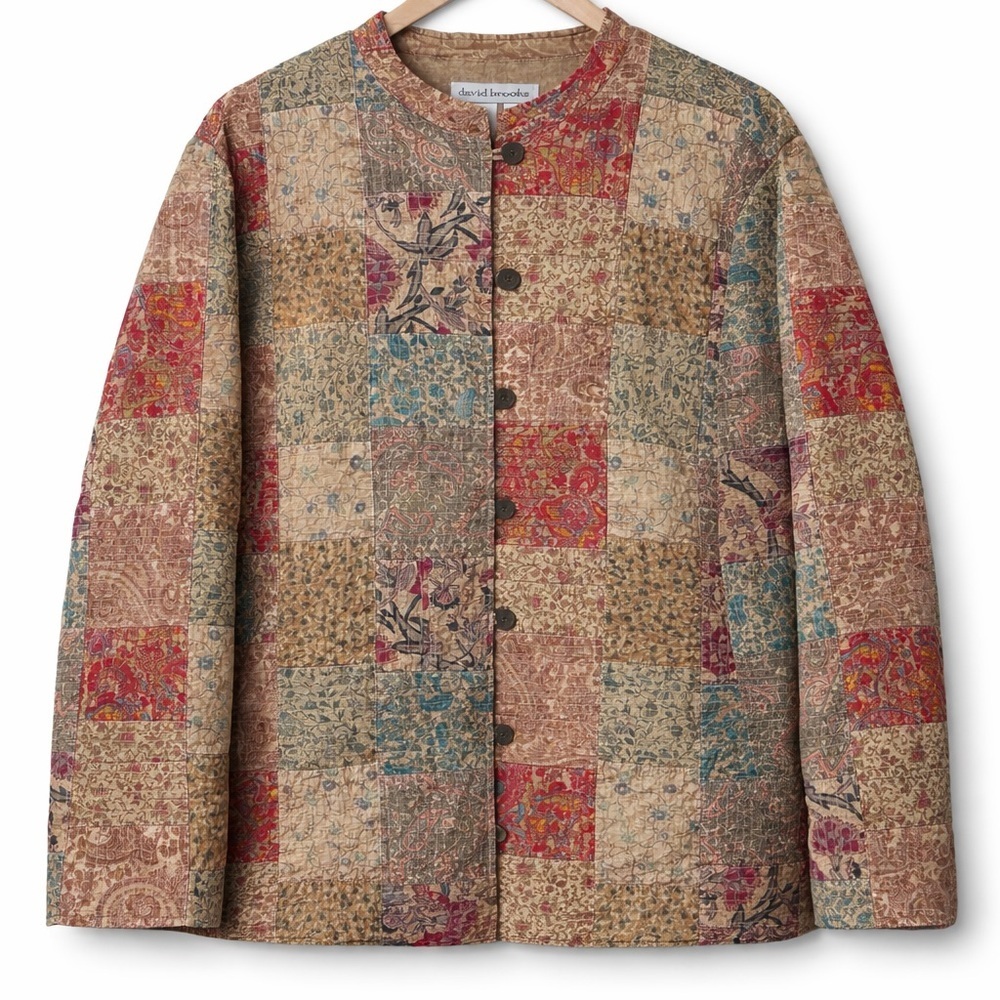 David Brooks Red Tan Tapestry Patchwork Quilted 100% Cotton Boho Shirt Jacket XL - Picture 3 of 14